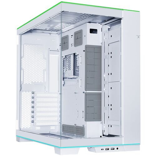Boîtier PC blanc avec panneau latéral en verre trempé et structure interne métallique.