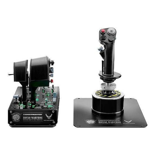 Ensemble de commande HOTAS Thrustmaster Warthog comprenant une manette des gaz et un joystick noir avec des détails métalliques.