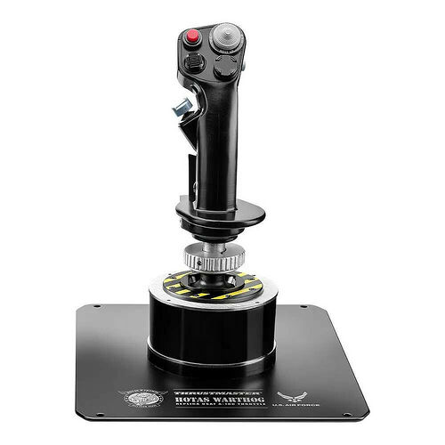 Joystick Thrustmaster HOTAS Warthog noir avec base carrée, doté de plusieurs boutons et d'un bouton rouge sur le dessus.
