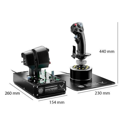 Ensemble de joystick et de manette de gaz Thrustmaster HOTAS Warthog, avec les dimensions indiquées pour chaque élément.
