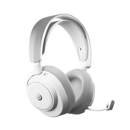 Casque audio blanc avec micro intégré, au design épuré et aux coussinets confortables.