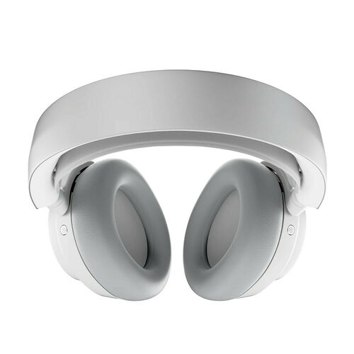 Casque audio sans fil de couleur blanche avec des coussinets rembourrés et un arceau confortable.