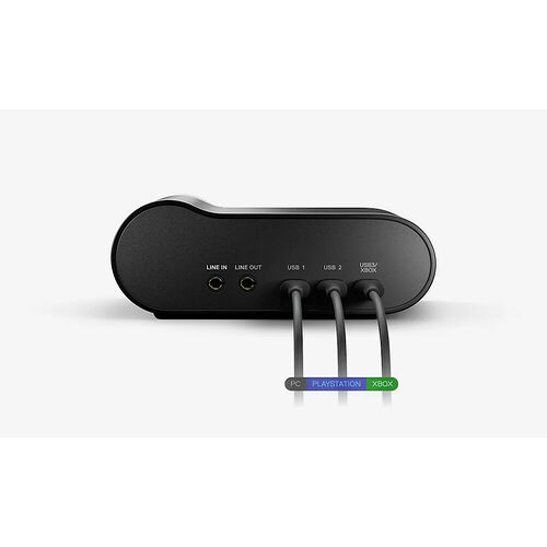Interface audio noire avec des connecteurs LINE IN, LINE OUT et deux ports USB, reliée à un PC, une PlayStation et une Xbox.