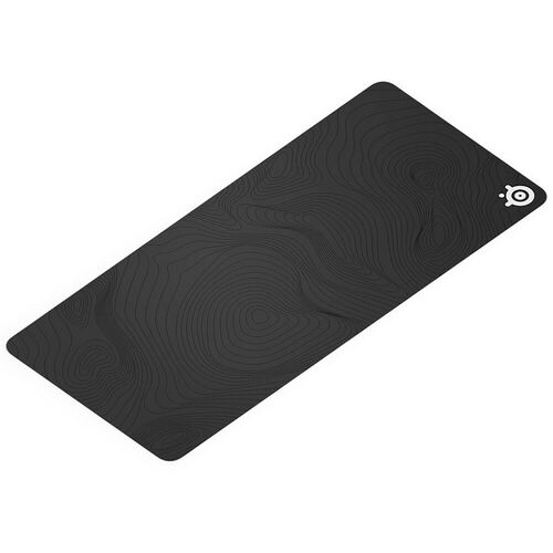 Tapis de souris de la marque SteelSeries avec un motif de lignes topographiques noires sur fond gris foncé.