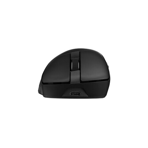 Souris sans fil noire avec molette de défilement centrale et port de charge USB-C sur le devant.