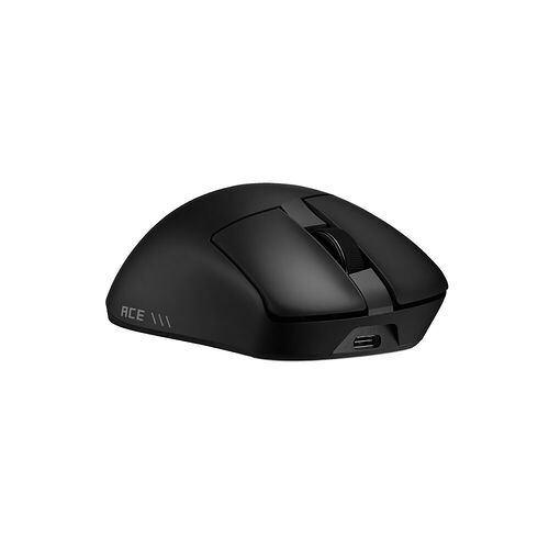 Souris sans fil noire avec un design ergonomique et un port de connexion USB sur le côté.