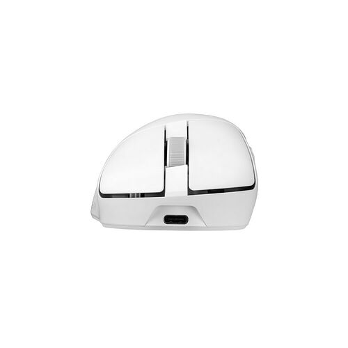 Souris Logitech blanche avec une molette de défilement grise et un port de connexion sur le devant.