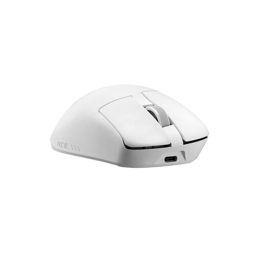 Souris sans fil blanche de marque Razer avec un design ergonomique et une molette de défilement grise.