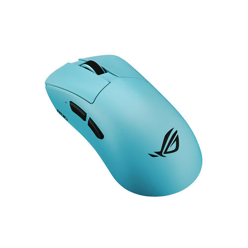 Souris gaming ASUS ROG de couleur bleu clair avec le logo ROG noir sur le dessus.