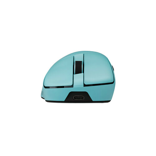Souris sans fil de couleur bleu clair avec un design ergonomique et un port de connexion visible à l'arrière.