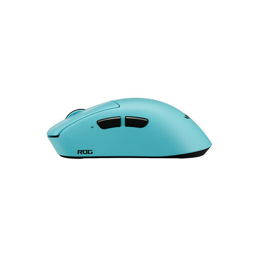 Souris gaming ASUS ROG de couleur bleu clair avec des boutons latéraux noirs.