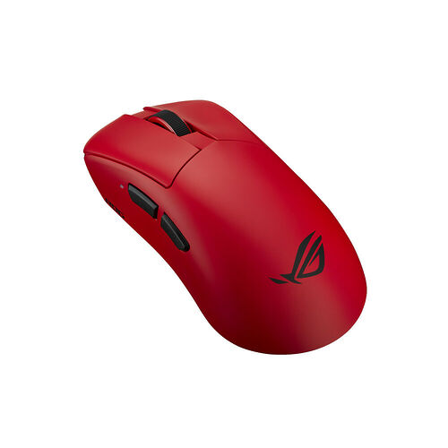 Souris gaming rouge avec le logo ROG de ASUS, dotée de boutons latéraux noirs et d'une molette de défilement noire.