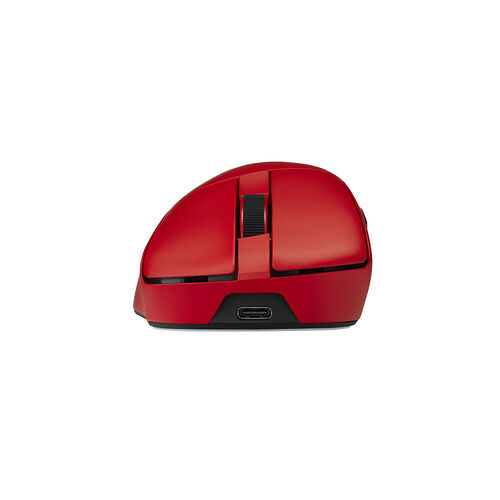 Souris gaming rouge avec molette de défilement noire et port de connexion USB-C sur le devant.