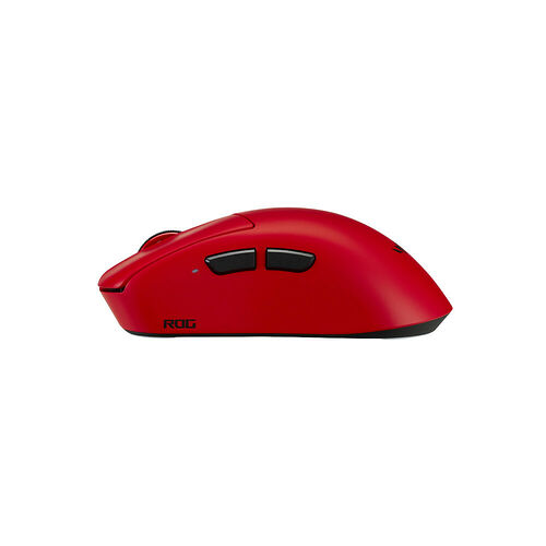 Souris gaming rouge de la marque ROG avec boutons latéraux noirs.
