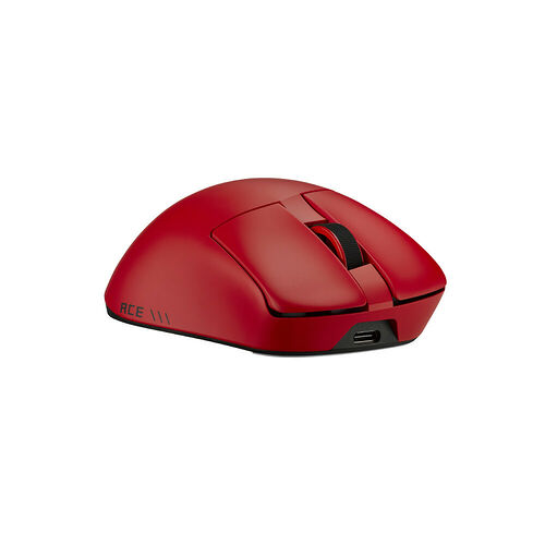 Souris gaming rouge avec une forme ergonomique et une molette de défilement noire.