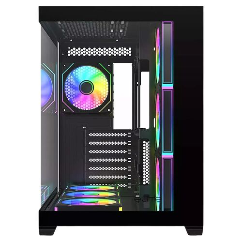 Boîtier PC noir avec éclairage RGB multicolore sur les ventilateurs et les bandes LED internes.