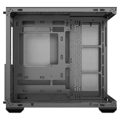 Boîtier PC vide de couleur noire avec une structure métallique robuste et des emplacements pour composants internes.