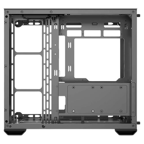 Boîtier PC noir avec une structure interne métallique, comprenant des emplacements pour composants et une zone pour l'alimentation.