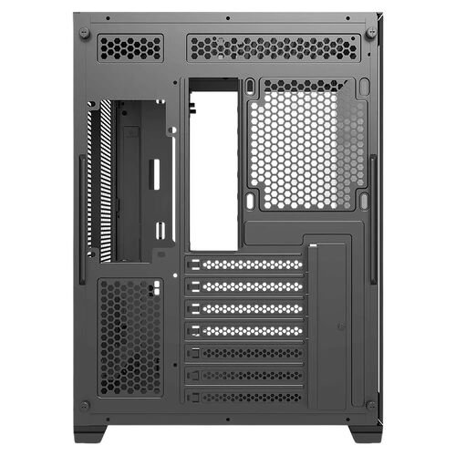 Vue arrière d'un boîtier PC noir présentant plusieurs emplacements d'extension, des grilles de ventilation perforées et des ouvertures pour la gestion des câbles.