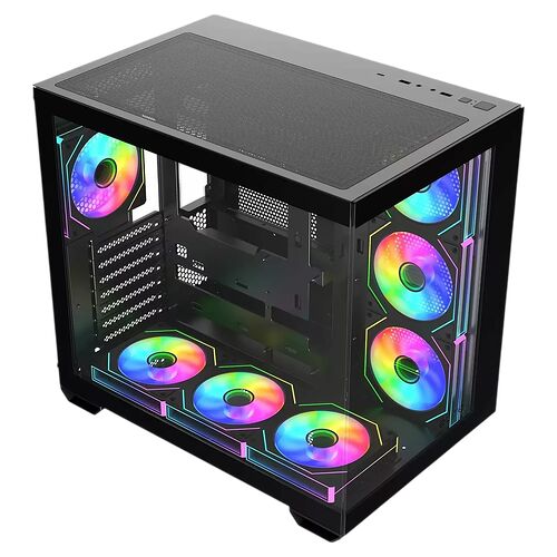 Boîtier PC avec panneau latéral en verre trempé et six ventilateurs RGB installés sur les côtés et à l'avant.