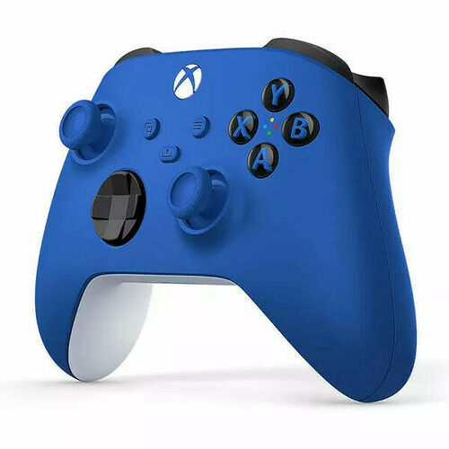 Manette Xbox bleue avec des touches de commande noires et un dessous blanc.