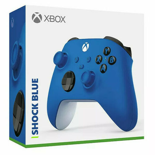 Manette Xbox de couleur bleu shock présentée dans sa boîte d'origine.