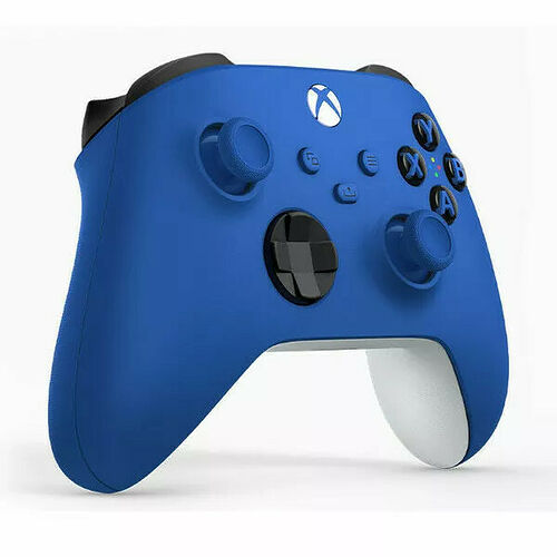 Manette Xbox bleue avec des touches de commande noires et un joystick gris.