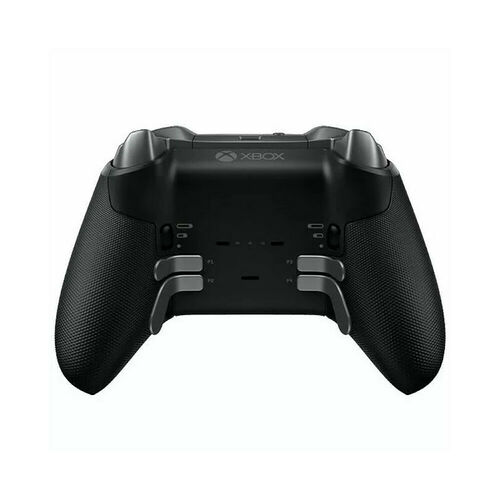Manette Xbox noire avec des grips texturés sur les poignées et des boutons supplémentaires à l'arrière.