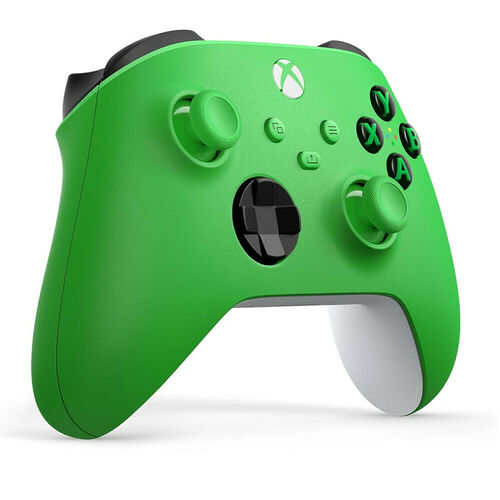 Manette Xbox de couleur verte avec des touches noires et un grip blanc sur la poignée.