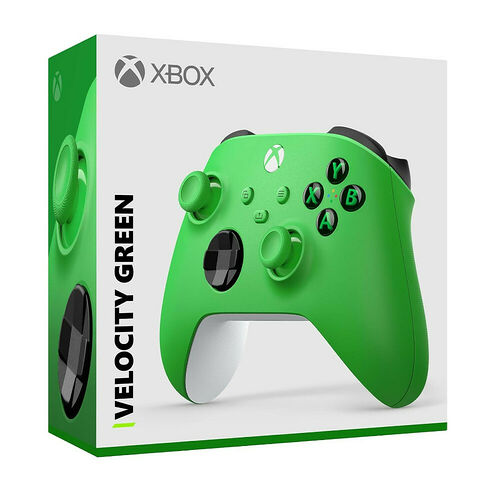 Manette Xbox de couleur vert Velocity Green présentée dans sa boîte d'origine.