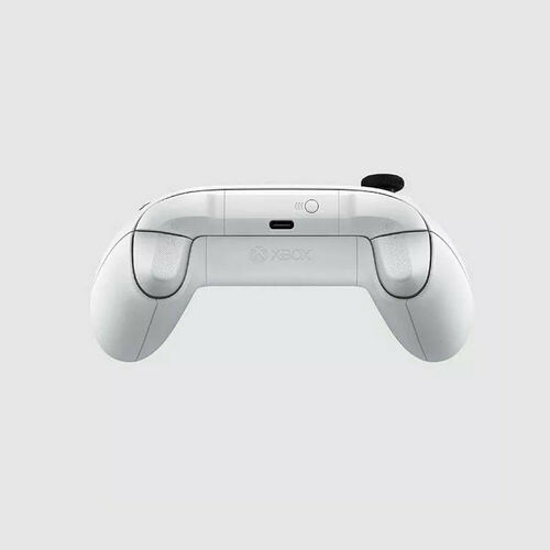 Manette blanche Xbox vue de l'arrière, montrant les poignées ergonomiques et le port de connexion central.