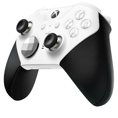 Manette Xbox blanche avec des poignées noires texturées, comprenant des sticks analogiques noirs et des boutons de commande blancs.