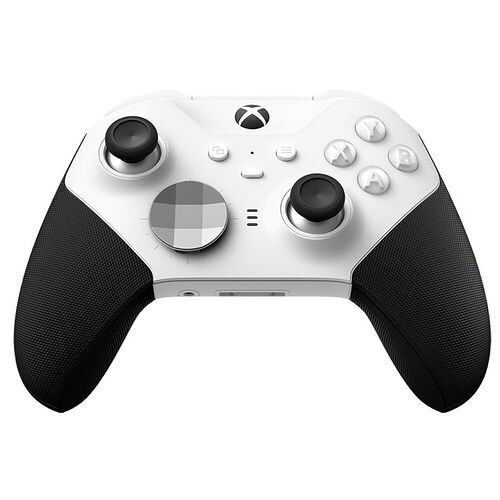 Manette Xbox blanche avec des grips noirs texturés sur les côtés. Elle possède des sticks analogiques noirs et les boutons classiques de la console.