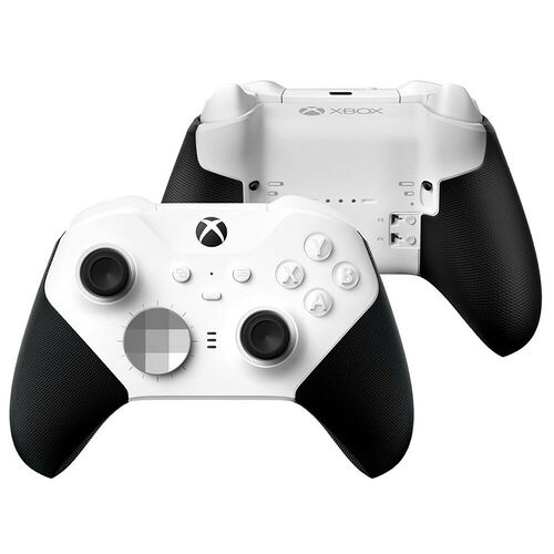 Manette Xbox blanche avec des grips noirs, présentée de face et de dos.