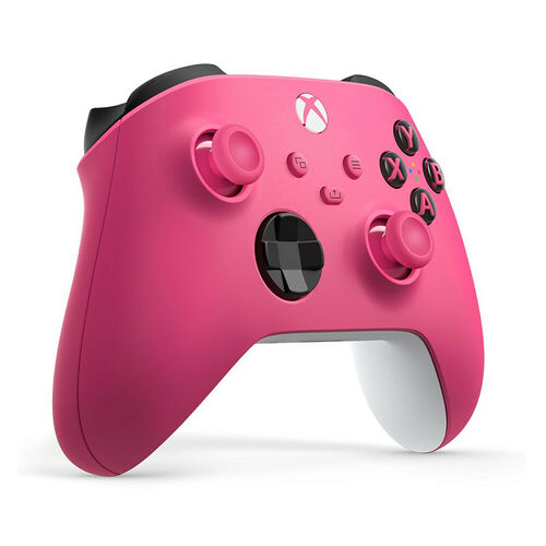 Manette Xbox rose avec des touches de commande noires et un dessous blanc.