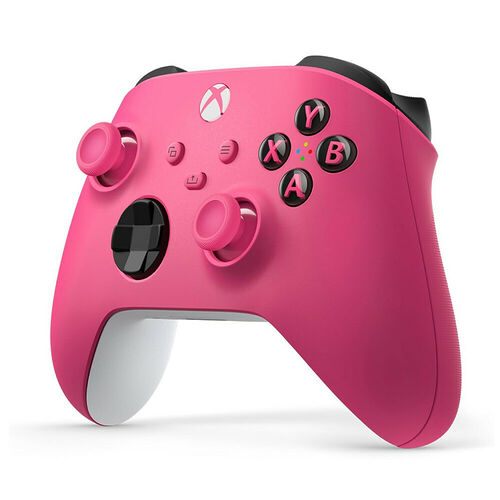 Manette Xbox rose avec des sticks analogiques et des boutons de commande noirs et blancs.