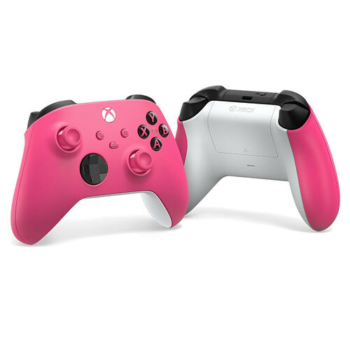 Deux manettes Xbox, l'une rose vif et l'autre blanche avec des poignées roses, présentées de face et de dos.