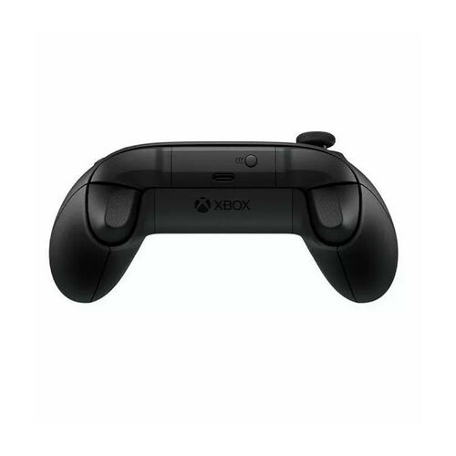 Manette Xbox noire vue de l'arrière, montrant les compartiments pour piles et le logo Xbox.
