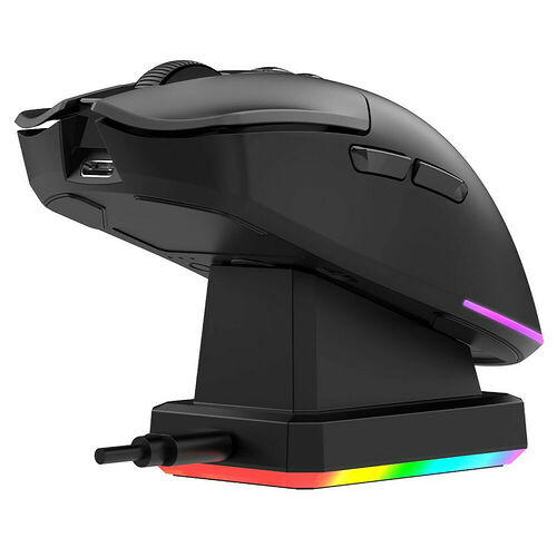 Souris gamer noire posée sur un support de charge avec un éclairage RGB multicolore à la base.
