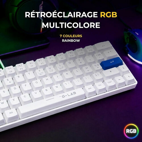 Clavier mécanique blanc G-Lab avec rétroéclairage RGB multicolore et touches de couleur bleue.