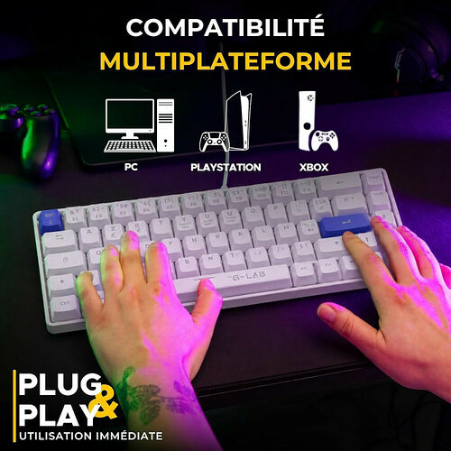 Image illustrant la compatibilité multiplateforme d'un clavier G-Lab, compatible avec PC, PlayStation et Xbox, avec une fonction plug and play pour une utilisation immédiate.