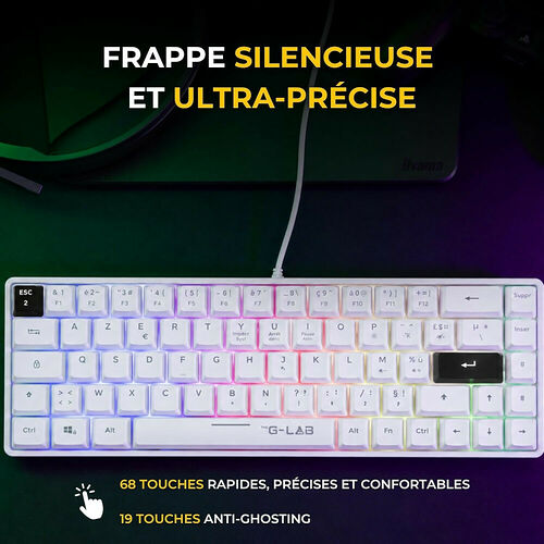 Clavier mécanique compact blanc de la marque G-LAB avec rétroéclairage RGB. Le clavier dispose de 68 touches et de la technologie anti-ghosting sur 19 touches.