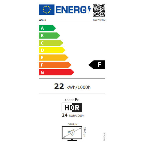Étiquette d'efficacité énergétique pour un écran ASUS, classé en catégorie F avec une consommation de 22 kWh/1000h. L'écran affiche une résolution de 3840 px par 2160 px pour une diagonale de 27 pouces.