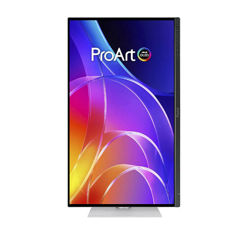 Écran ASUS ProArt OLED avec un fond d'écran abstrait coloré, affichant le logo ProArt. L'écran est présenté sur un pied argenté sur un fond blanc.