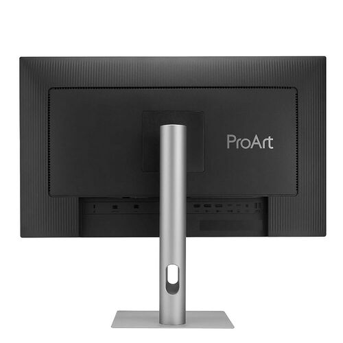 Écran de bureau ASUS ProArt avec un pied argenté réglable et divers ports de connectivité à l'arrière.