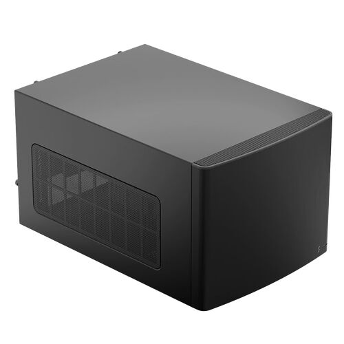 Boîtier PC compact de couleur noire avec une façade en mesh pour une meilleure ventilation.