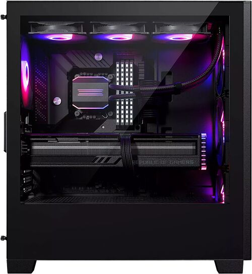 Un PC avec un boîtier noir vitré, équipé de composants avec un éclairage RGB violet et rose, incluant un système de refroidissement liquide.