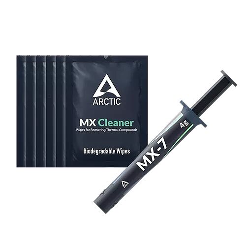Un kit de nettoyage comprenant des lingettes biodégradables Arctic MX Cleaner et un tube de pâte thermique Arctic MX-7.