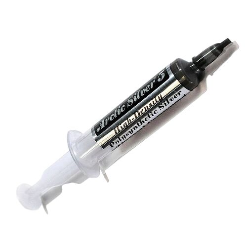 Pâte thermique Arctic Silver 5 présentée dans un tube de type seringue pour le montage de composants informatiques.