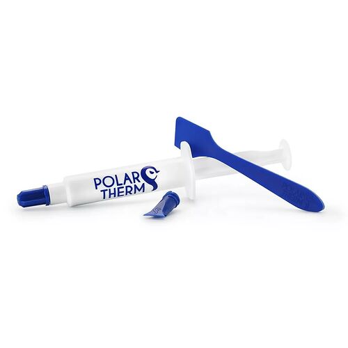 Pâte thermique Polarism dans un tube blanc et bleu, accompagnée d'une spatule de précision bleue pour l'application.